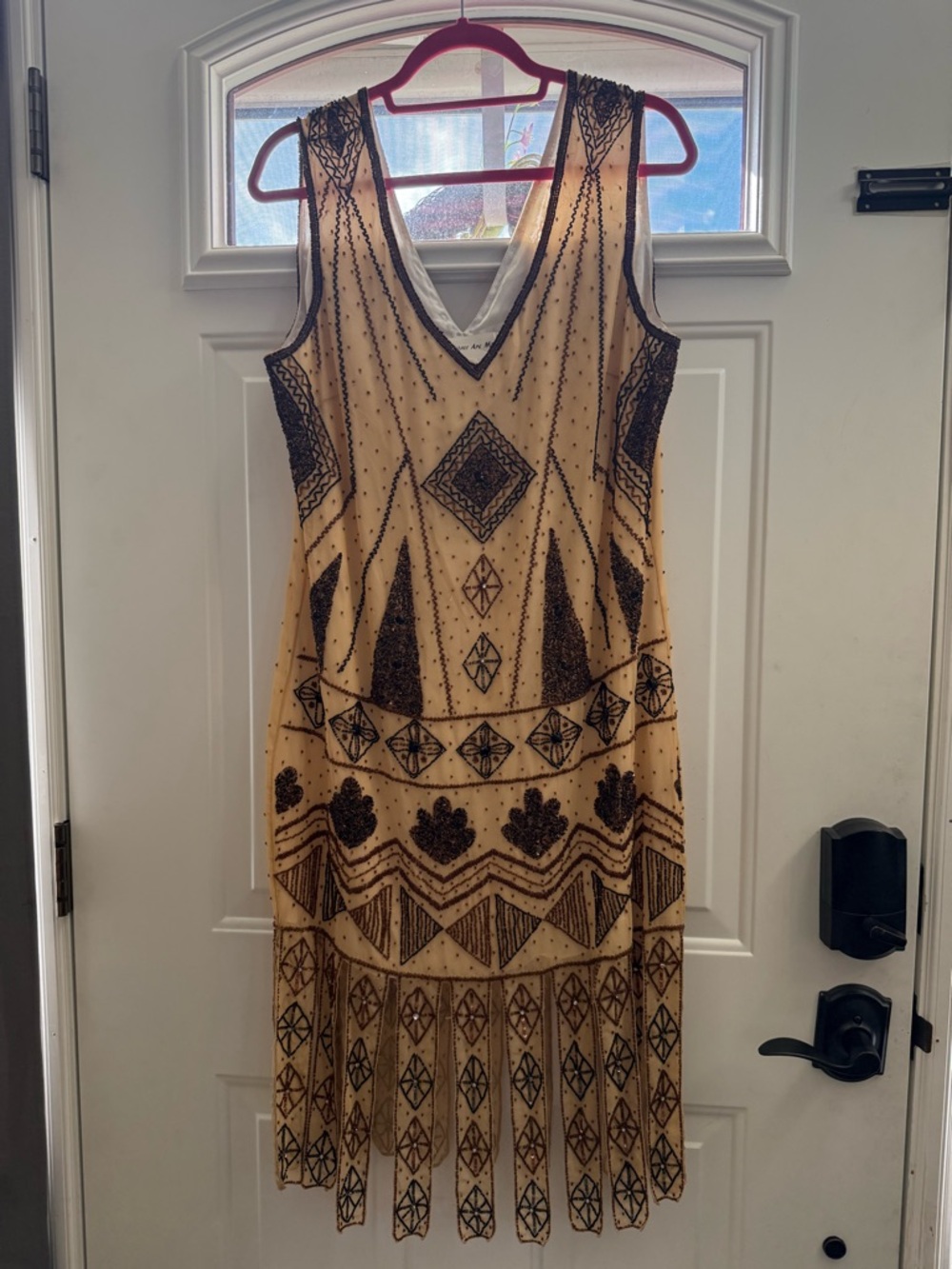 Beaded Cream and Black V-Neck Flapper Dress